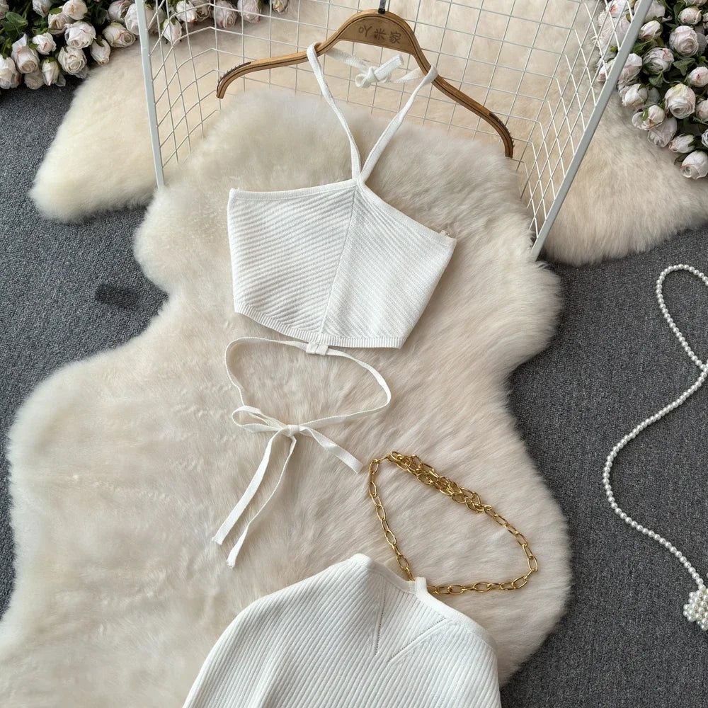 Knitted Two Piece Dresse Sets Women Skirt Suit with Free Size