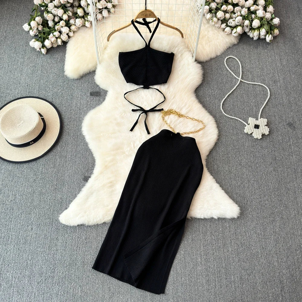 Knitted Two Piece Dresse Sets Women Skirt Suit with Free Size
