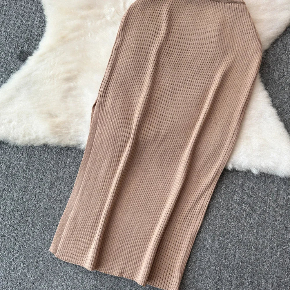 Knitted Two Piece Dresse Sets Women Skirt Suit with Free Size