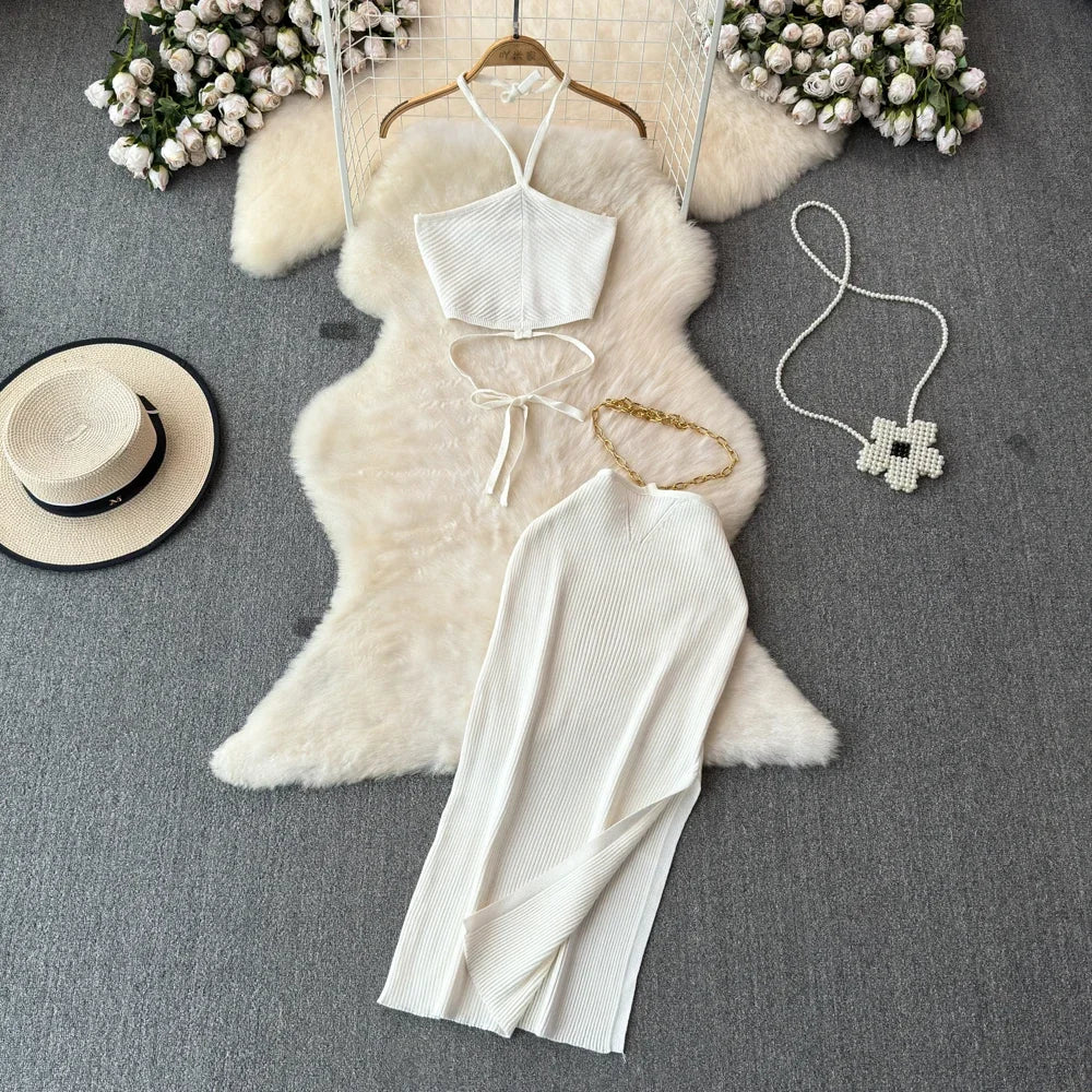 Knitted Two Piece Dresse Sets Women Skirt Suit with Free Size