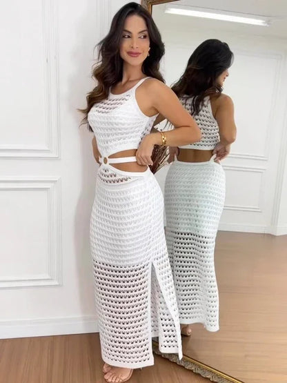 Sexy Hollow-Out Knit Maxi Dress: Sheer, High Waist, Sleeveless, with Slit. Perfect for Beach Parties.