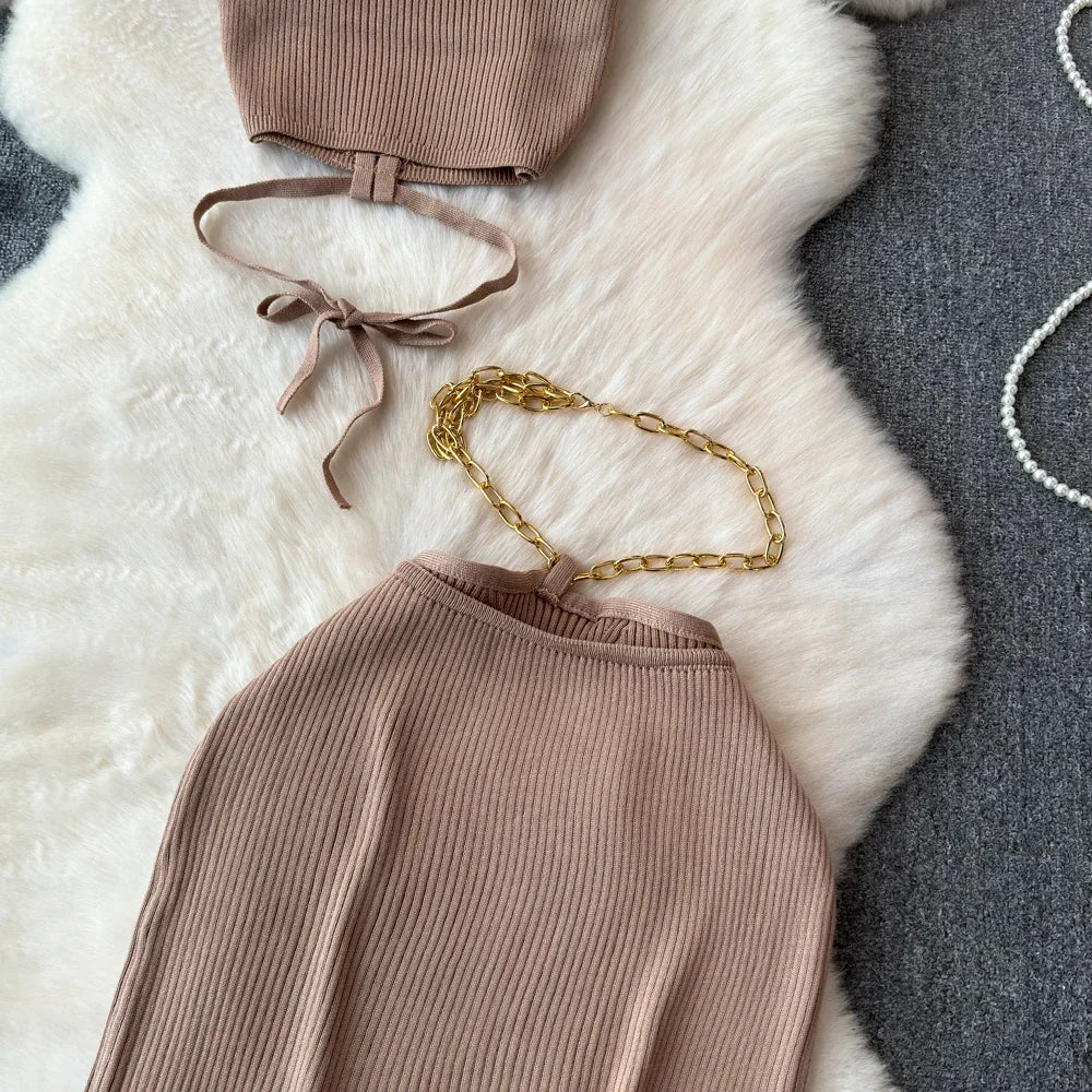 Knitted Two Piece Dresse Sets Women Skirt Suit with Free Size