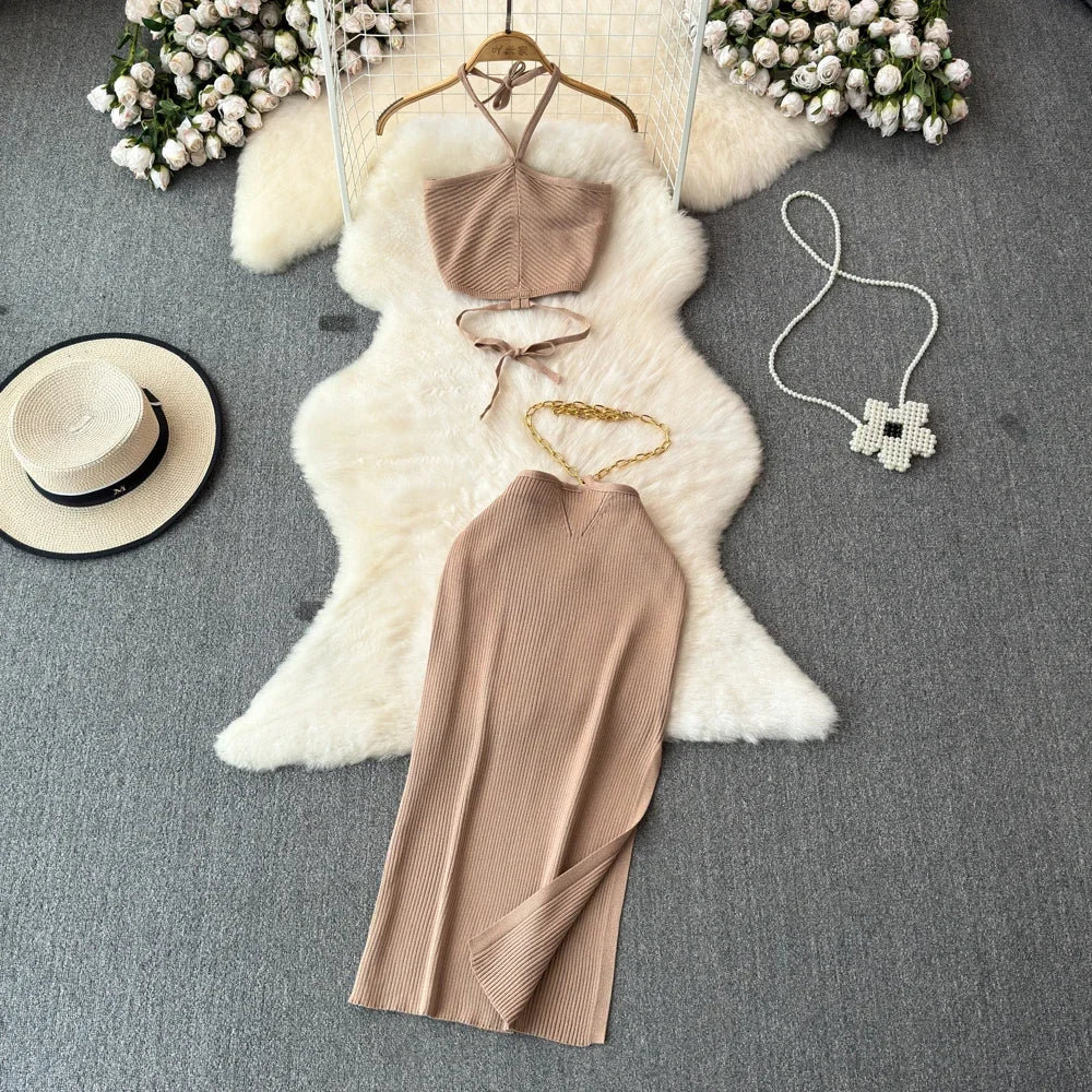 Knitted Two Piece Dresse Sets Women Skirt Suit with Free Size