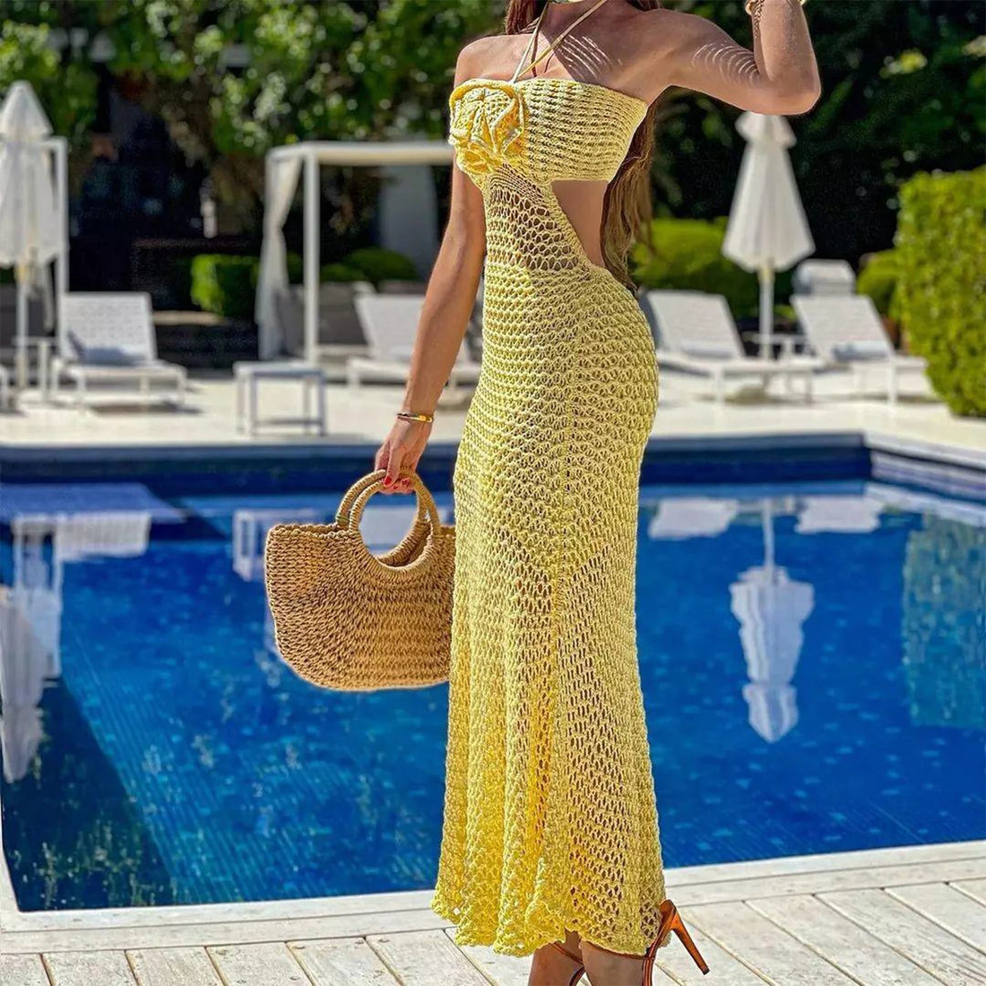 Knitted Halter Slim Dress: Sleeveless, Cutout, 3D Flowers, See-Through, Party/Clubwear.