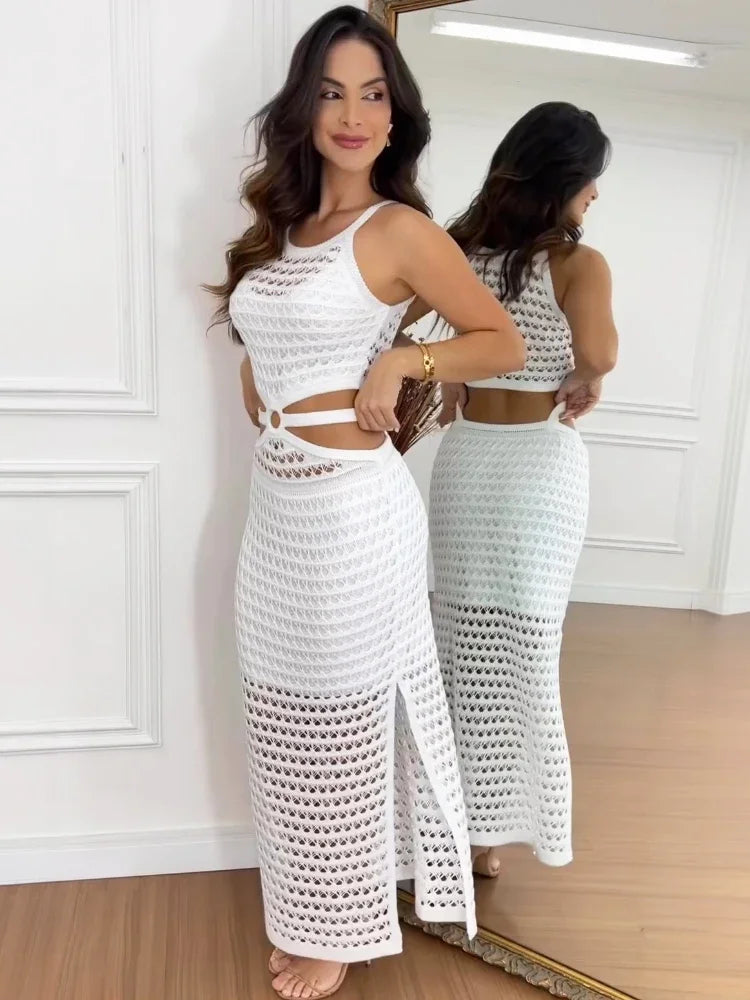 Sexy Hollow-Out Knit Maxi Dress: Sheer, High Waist, Sleeveless, with Slit. Perfect for Beach Parties.
